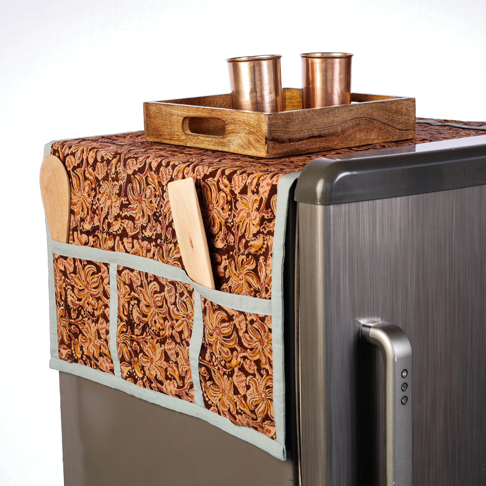Brown Handmade Cotton Fridge Top Cover with Multiple Pockets