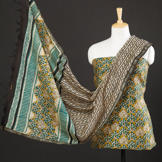 Green - 3pc Sanganeri Block Printed Chanderi Silk Suit Material Set