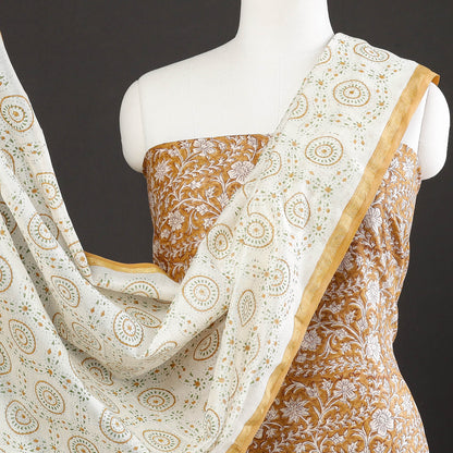 Brown - 3pc Sanganeri Block Printed Chanderi Silk Suit Material Set