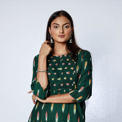 Green - Pochampally Ikat Weave Cotton Long Straight Kurta