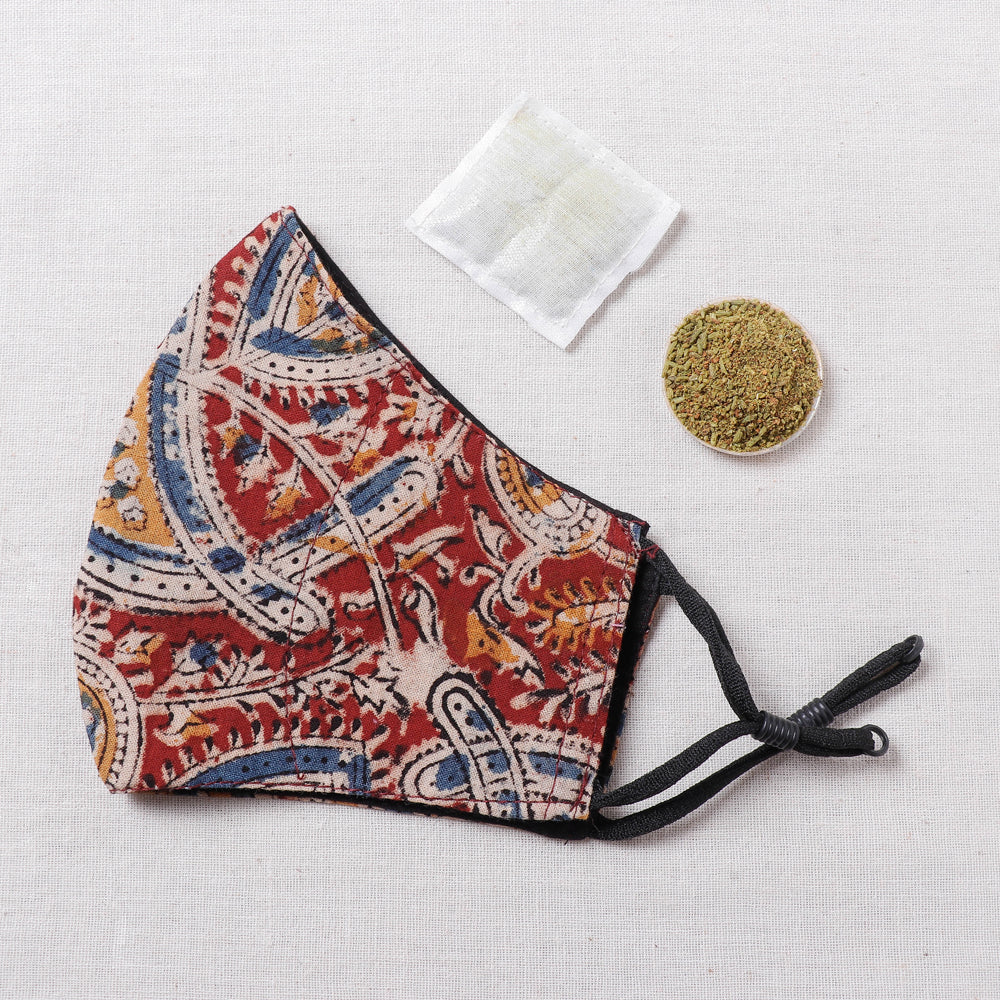 Herb Pocket Kalamkari Block Printed Cotton 3 Layer Snug Fit Face Cover