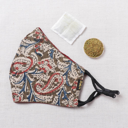 Herb Pocket Kalamkari Block Printed Cotton 3 Layer Snug Fit Face Cover