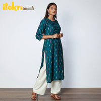 Midnight Green - Pochampally Ikat Weave Cotton Long Straight Kurta