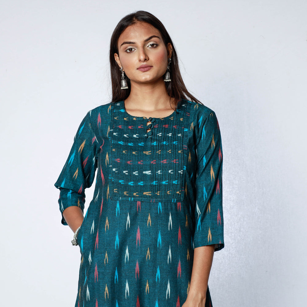 Midnight Green - Pochampally Ikat Weave Cotton Long Straight Kurta