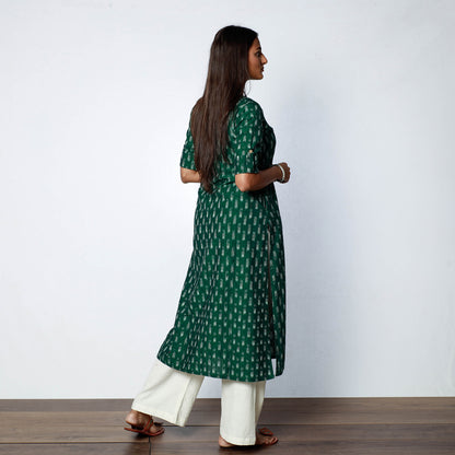 Green - Pochampally Ikat Weave Cotton Long Straight Kurta