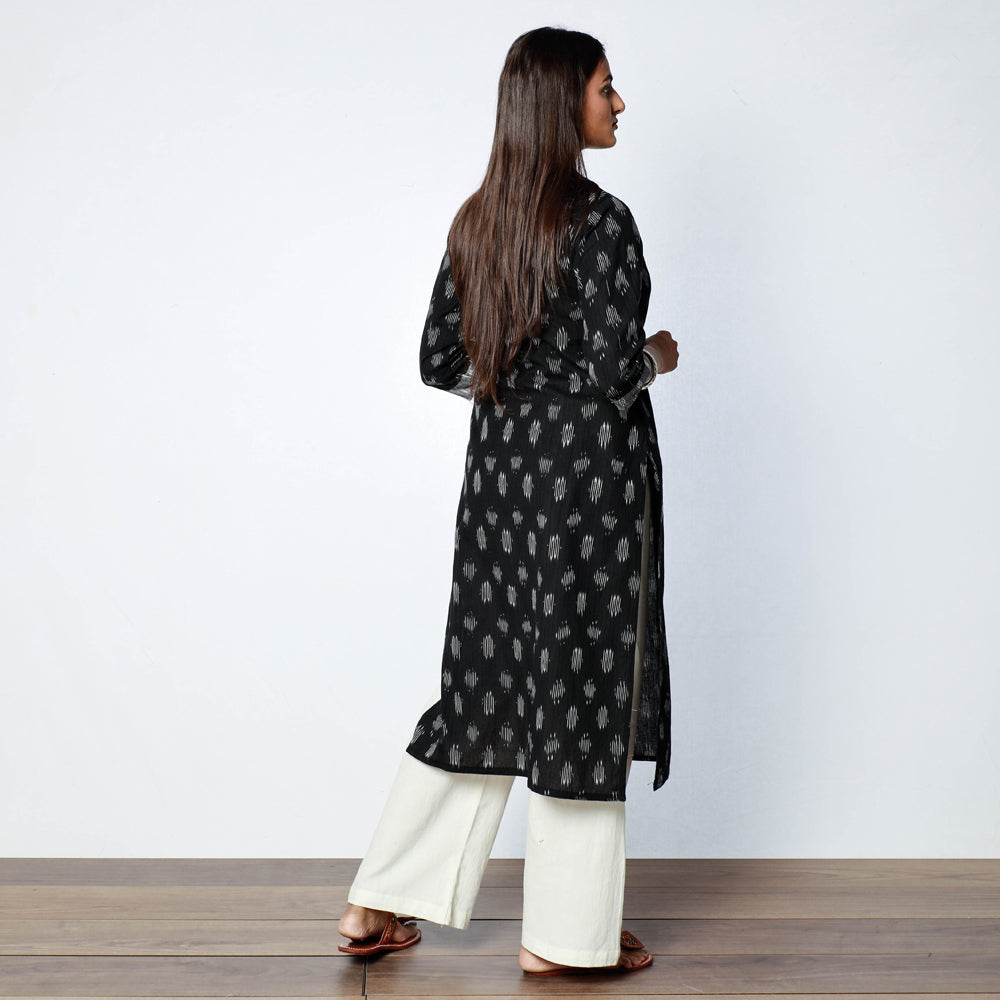 Black Grey - Pochampally Ikat Weave Cotton Long Straight Kurta