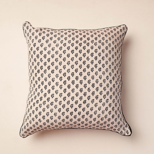 White - Bagh Block Printed Pure Cotton Cushion Cover (16 x 16 in)