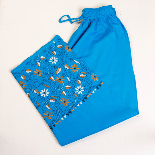Blue - Bengal Kantha Embroidery Cotton Palazzo