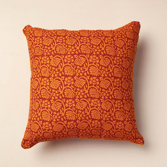 Orange - Bagh Block Printed Pure Cotton Cushion Cover (16 x 16 in)