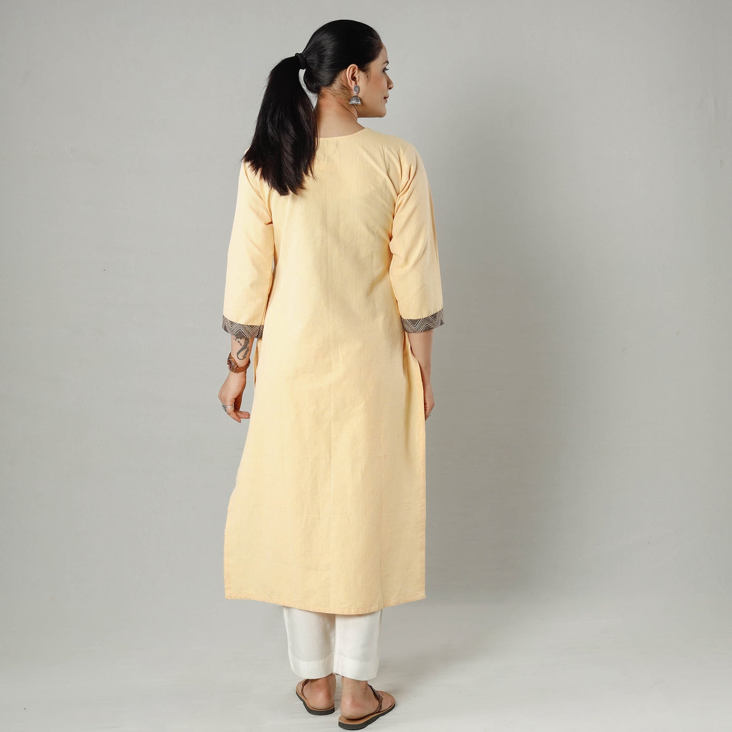 Beige - Plain Jhiri Handloom Cotton Long Straight Kurta