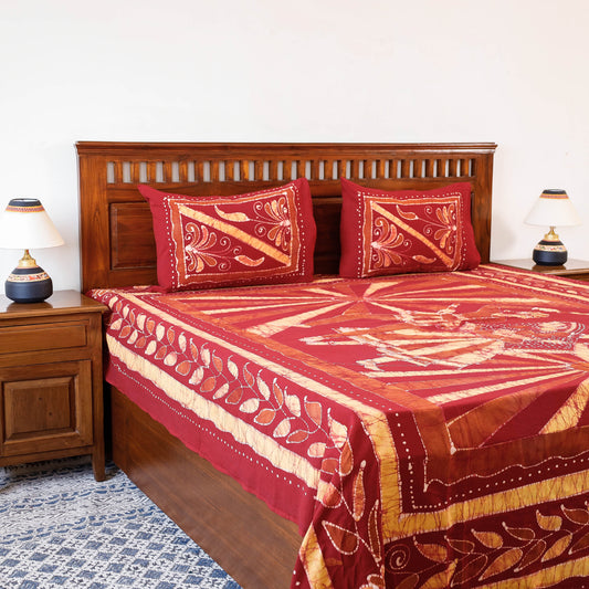 Red - Batik Print Cotton Double Bed Cover with Pillow Covers (108 x 90 in)