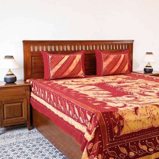 Red - Batik Print Cotton Double Bed Cover with Pillow Covers (108 x 90 in)
