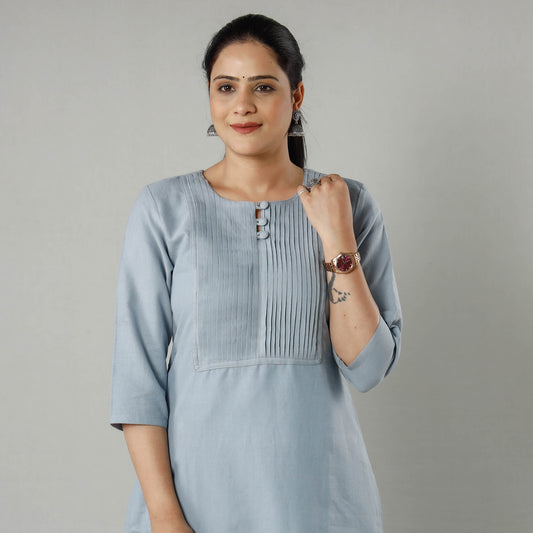 Grey - Powder Blue Plain Jhiri Handloom Cotton Pintuck Long Kurta