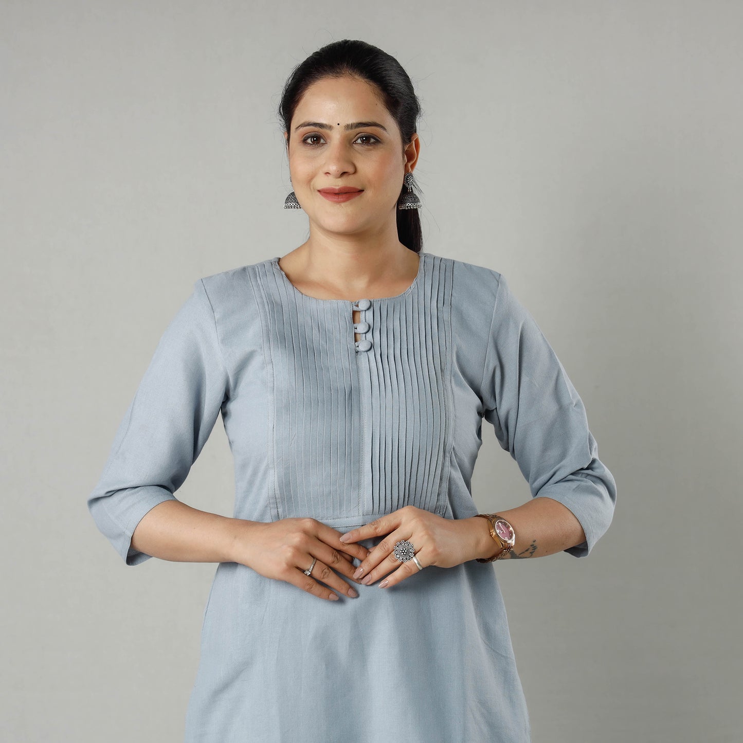 Grey - Powder Blue Plain Jhiri Handloom Cotton Pintuck Long Kurta