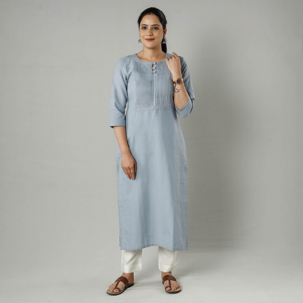 Grey - Powder Blue Plain Jhiri Handloom Cotton Pintuck Long Kurta