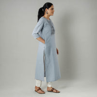 Grey - Powder Blue Plain Jhiri Handloom Cotton Pintuck Long Kurta