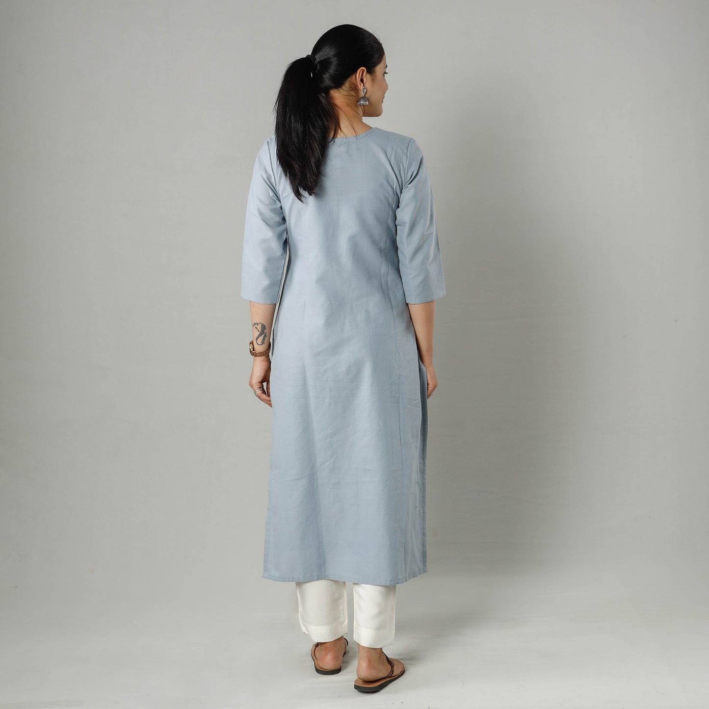 Grey - Powder Blue Plain Jhiri Handloom Cotton Pintuck Long Kurta