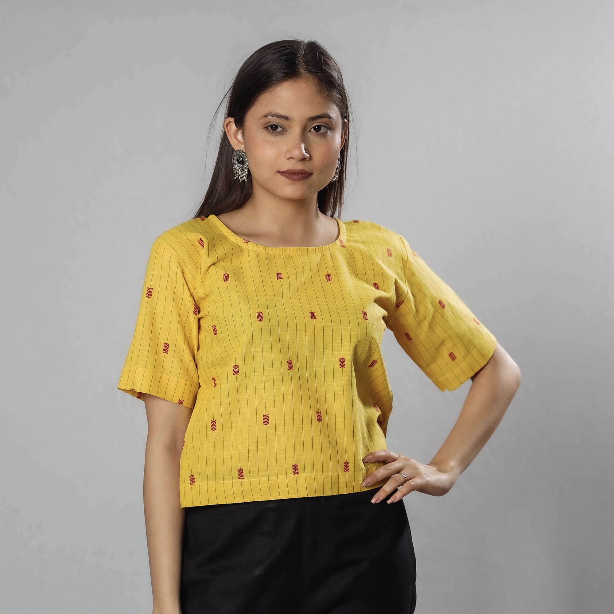  Jacquard Half Sleeve Cotton Crop Top 