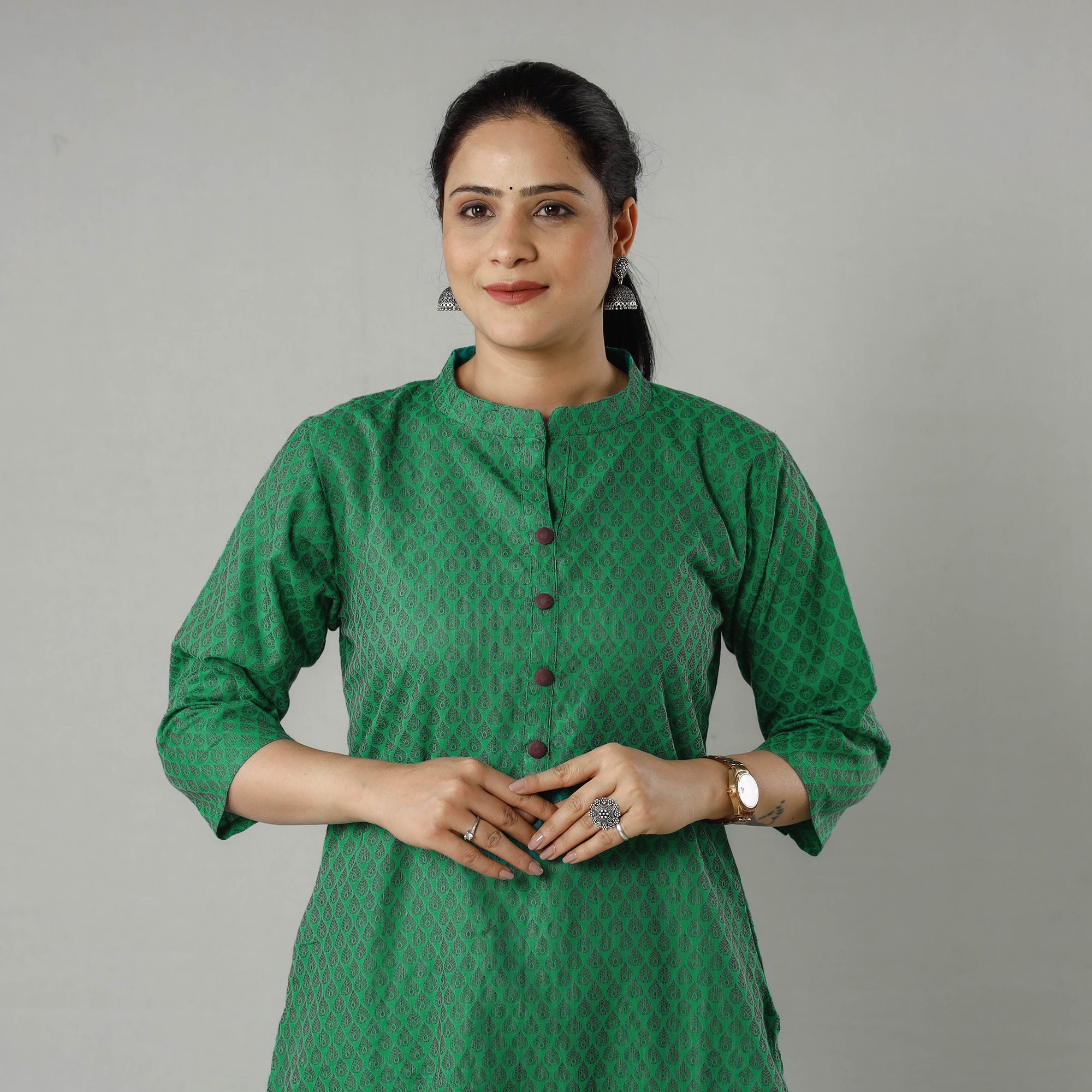 Green Jacquard Cotton Long Kurta