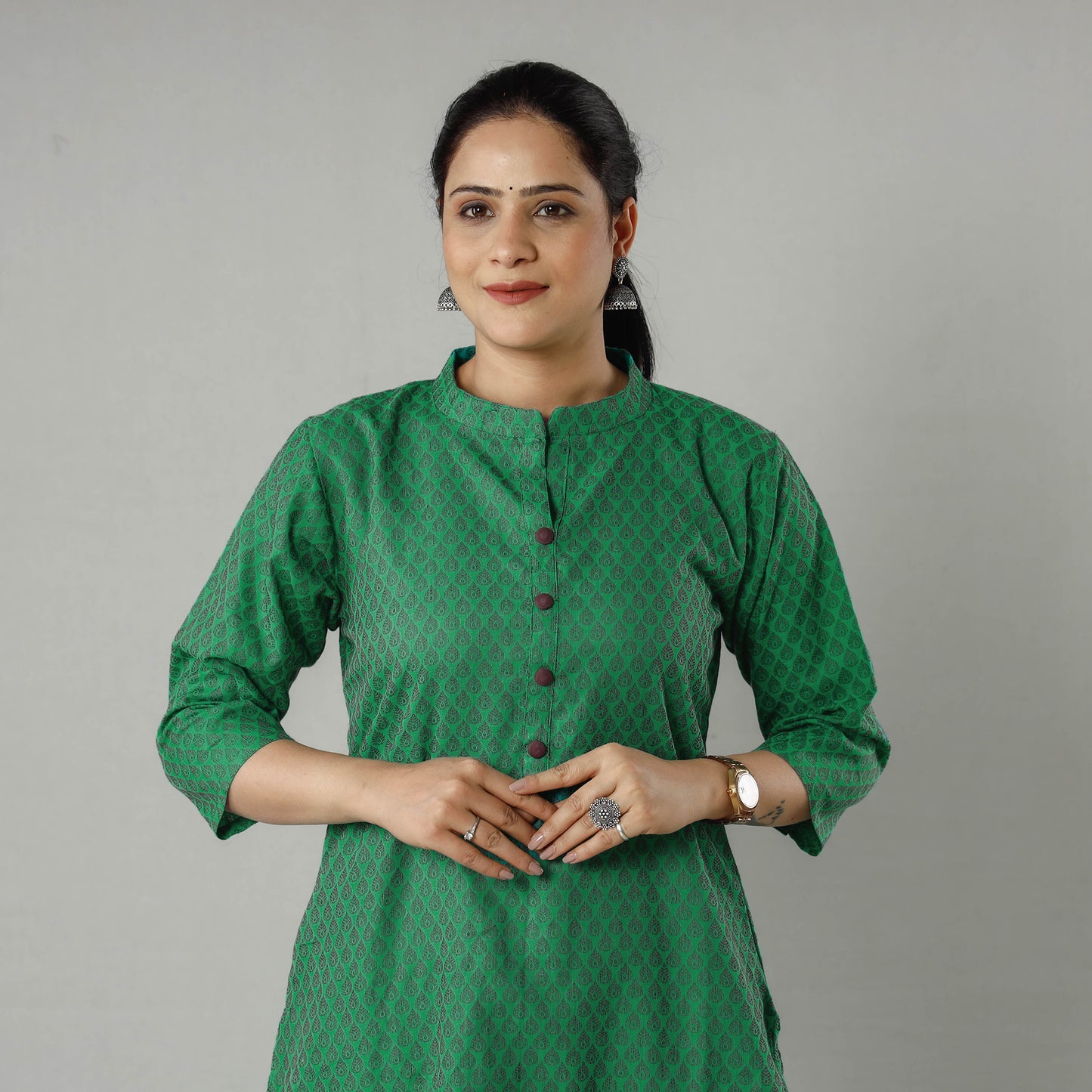 Green Jacquard Cotton Long Kurta