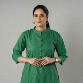 Green Jacquard Cotton Long Kurta