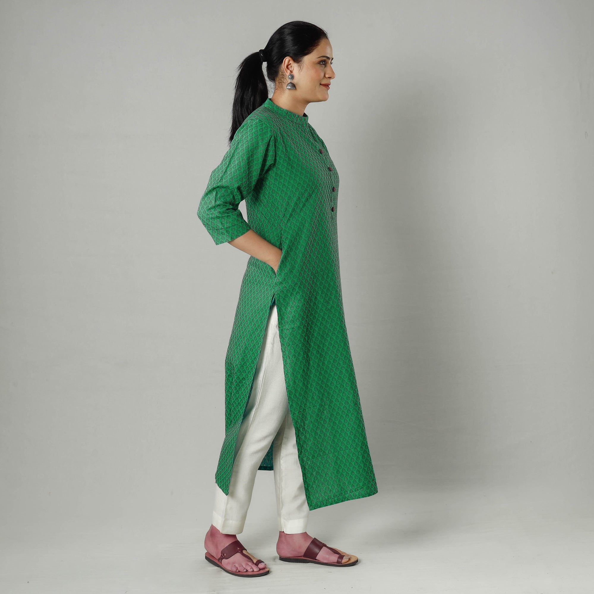 Green Jacquard Cotton Long Kurta
