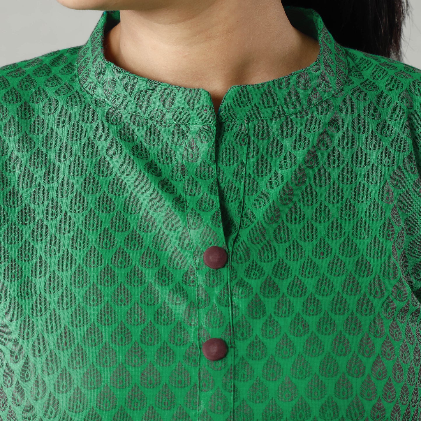 Green Jacquard Cotton Long Kurta