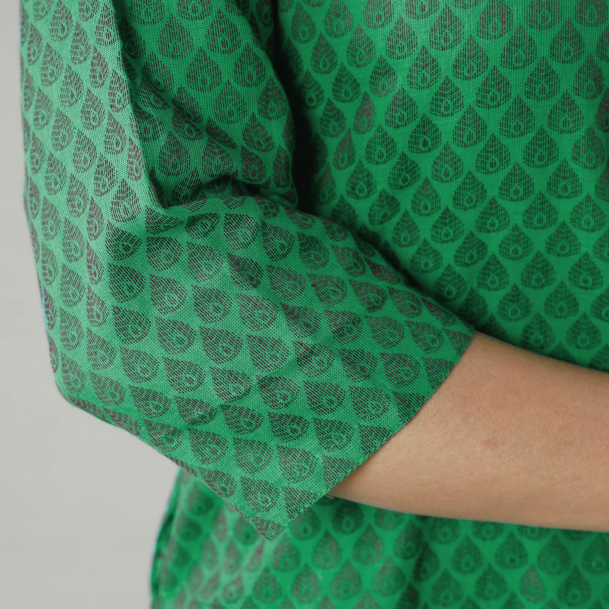 Green Jacquard Cotton Long Kurta