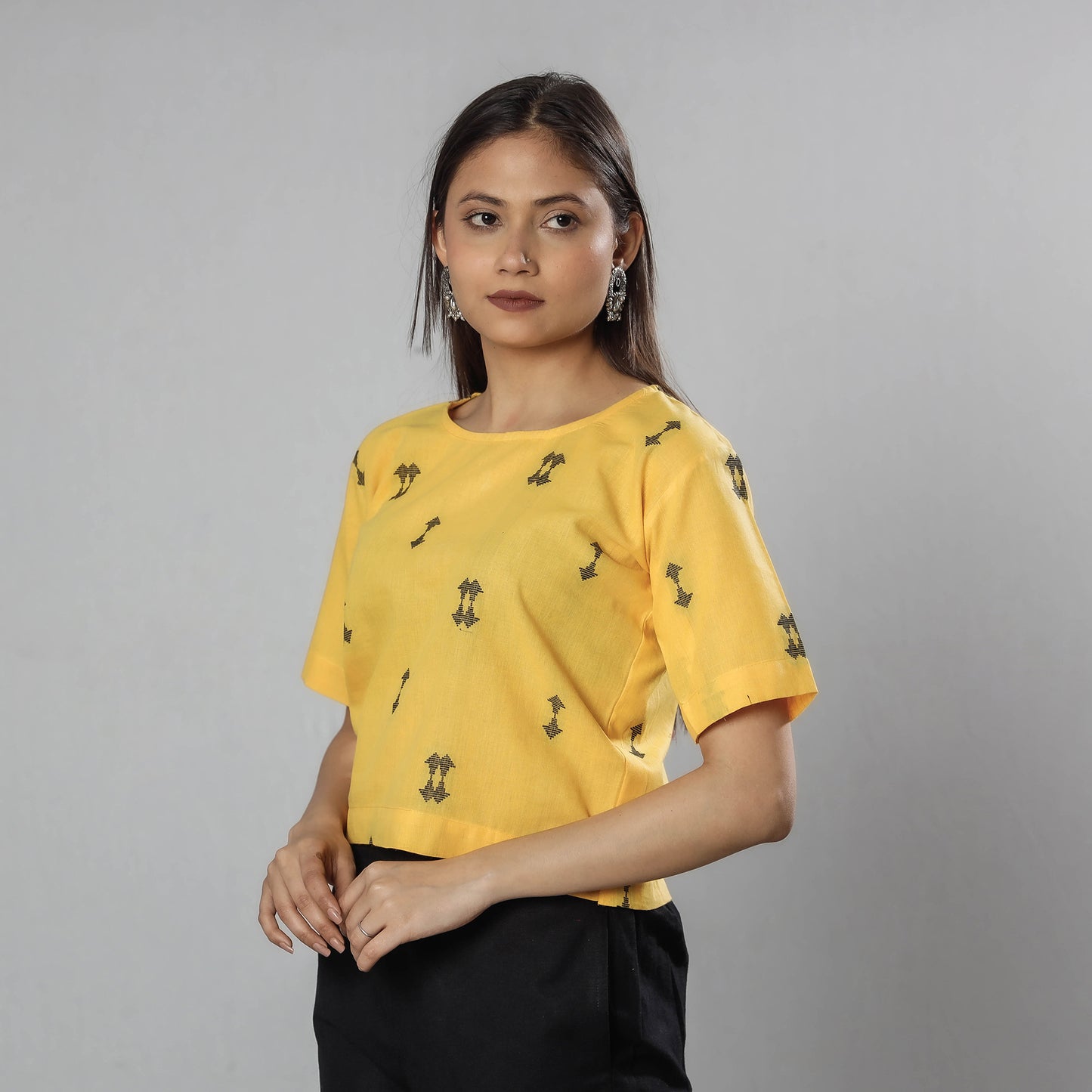 Yellow - Jacquard Half Sleeve Cotton Crop Top