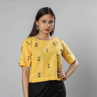 Yellow - Jacquard Half Sleeve Cotton Crop Top