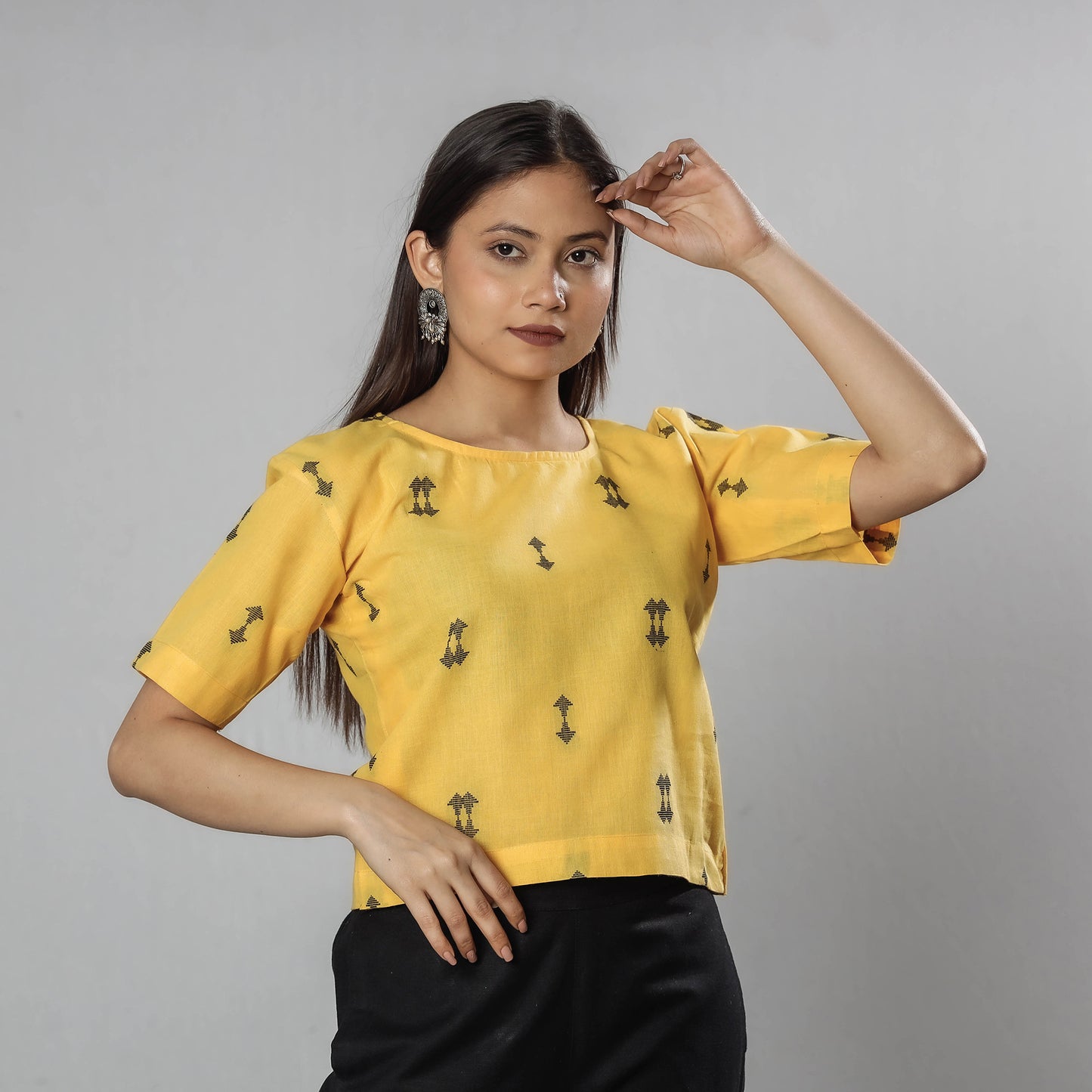 Yellow - Jacquard Half Sleeve Cotton Crop Top