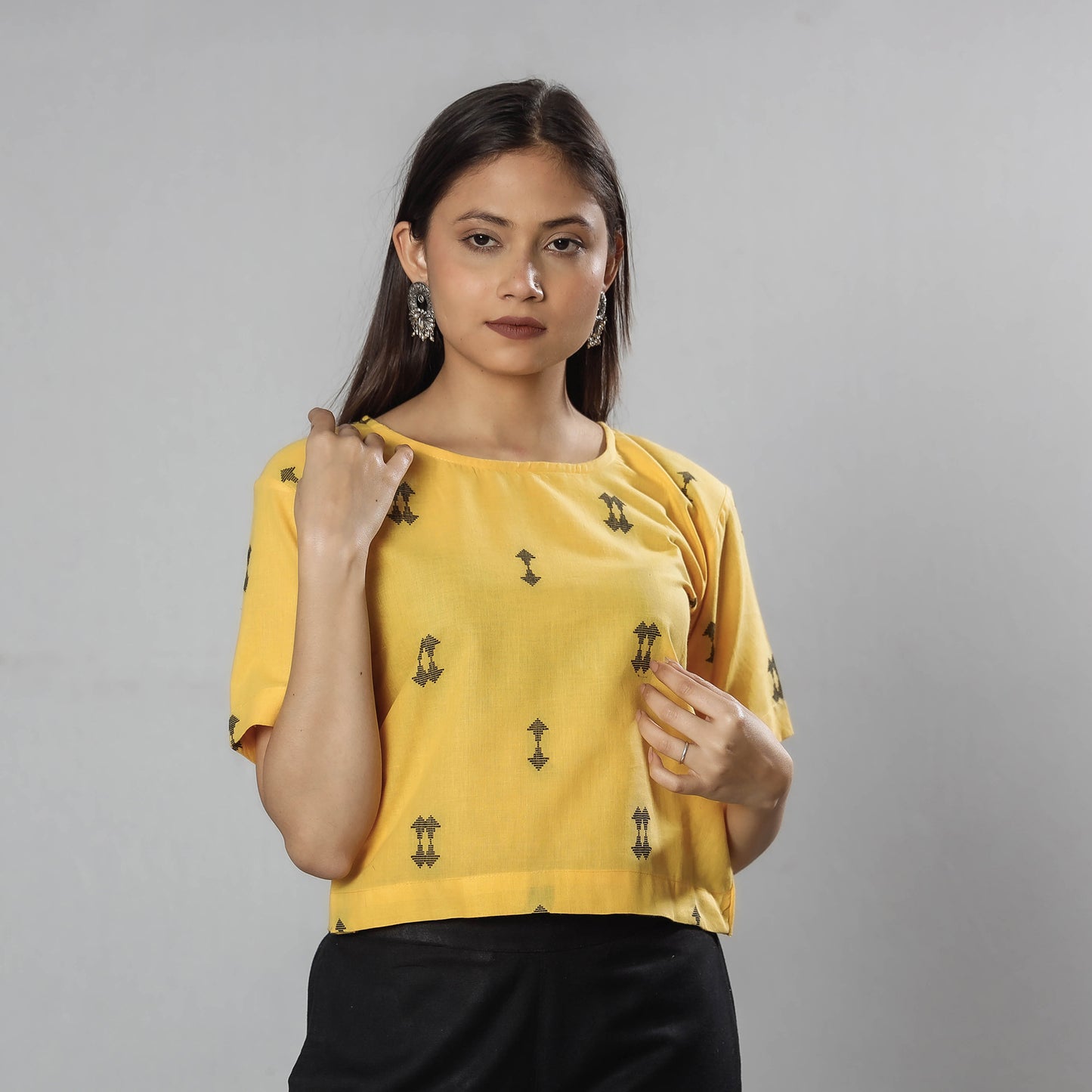 Yellow - Jacquard Half Sleeve Cotton Crop Top