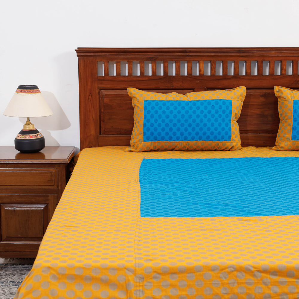 Yellow - Jacquard Patchwork Cotton Double Bed Cover with Pillow Covers (106 x 83 in)