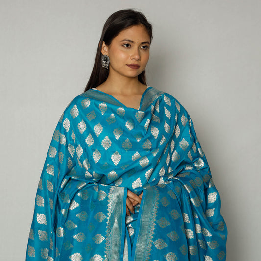 Blue - Banarasi Handwoven Katan Silk x Georgette Upara Zari Buti Dupatta with Tassels