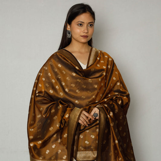 Brown - Banarasi Handwoven Katan Silk x Georgette Upara Zari Buti Dupatta with Tassels