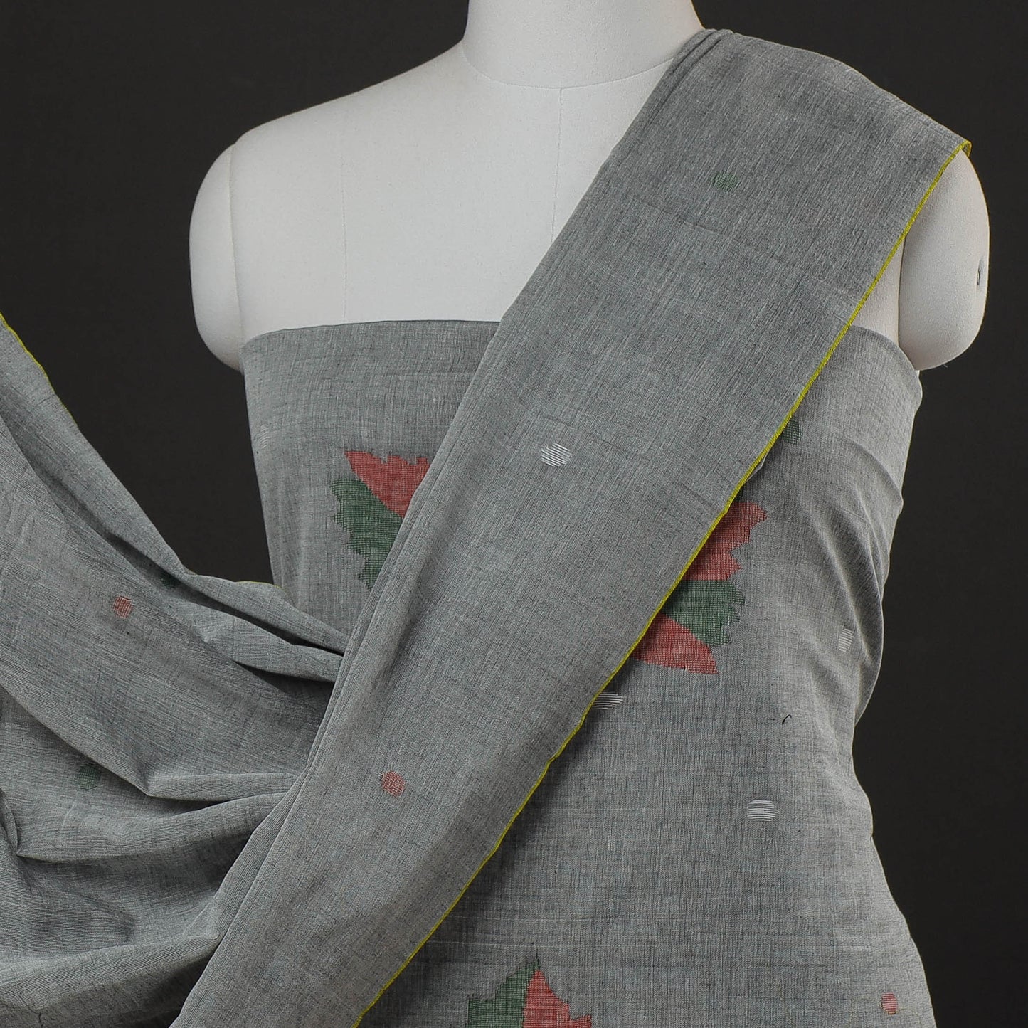 Grey - 2pc Phulia Jamdani Weave Handloom Pure Cotton Suit Material Set