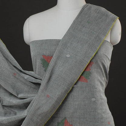 Grey - 2pc Phulia Jamdani Weave Handloom Pure Cotton Suit Material Set