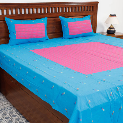 Blue - Jacquard Patchwork Cotton Double Bed Cover with Pillow Covers (106 x 83 in)
