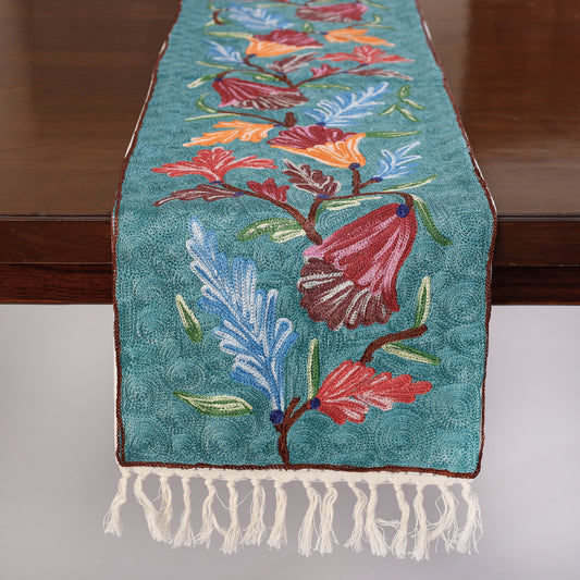 Original Chain Stitch Crewel Wool Thread Hand Embroidery Table runner (69 x 12 in)