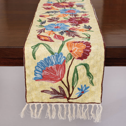 Original Chain Stitch Crewel Wool Thread Hand Embroidery Table runner (47 x 12 in)