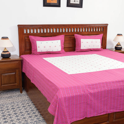 Pink - Jacquard Patchwork Cotton Double Bed Cover with Pillow Covers (106 x 83 in)