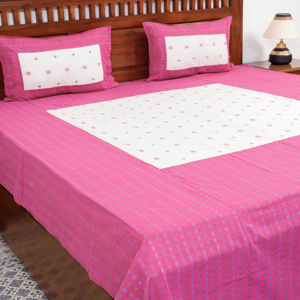 Pink - Jacquard Patchwork Cotton Double Bed Cover with Pillow Covers (106 x 83 in)