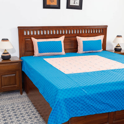 Blue - Jacquard Patchwork Cotton Double Bed Cover with Pillow Covers (106 x 83 in)