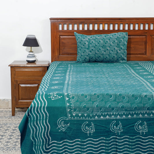 Green - Akola Block Printing Jhiri Pure Handloom Cotton Single Bedcover (98 x 57 in)
