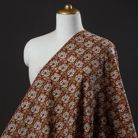 Beige Florid Pattern On Brown Sanganeri Block Printing Cotton Fabric