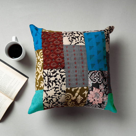 Multicolor - Handcrafted Patchwork Cotton Cushion Cover (16 x 16 in)