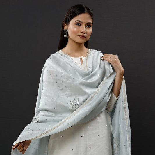 Grey - Lucknow Kamdani Mukaish Embroidery Work Silk Cotton Dupatta