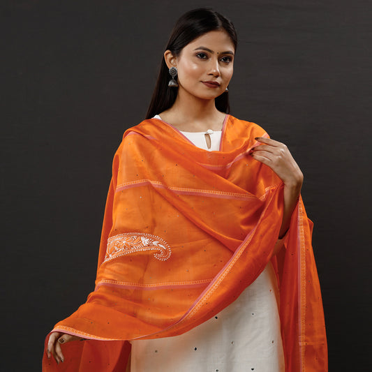 Orange - Lucknow Mukaish Chikankari Heavy Hand Embroidery Maheshwari Silk Dupatta