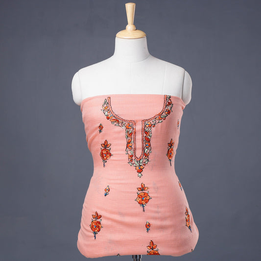 Pink - Kashidakari Hand Embroidery Handloom Kota Doria Kurti Material - 2.6 M