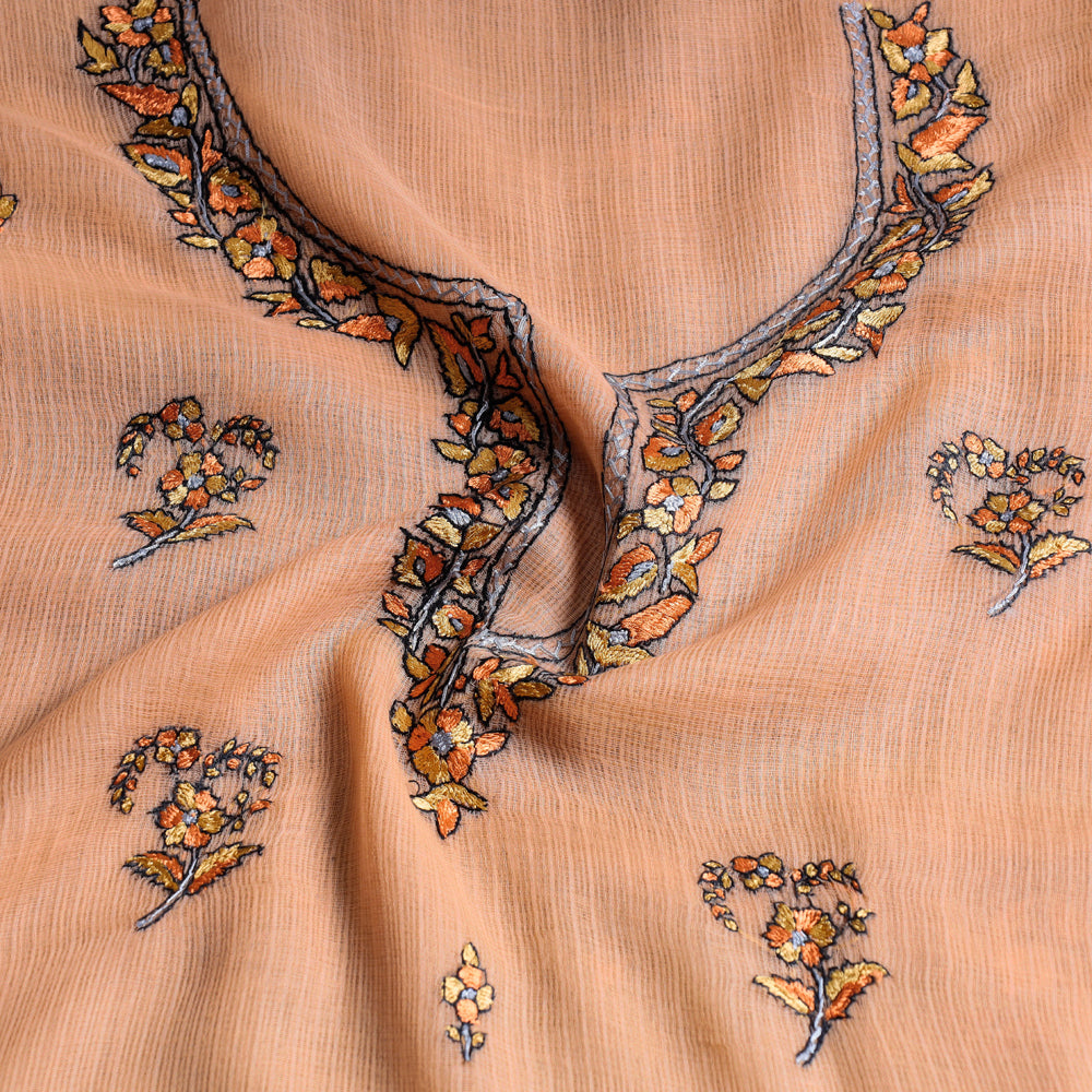 Orange - Kashidakari Hand Embroidery Handloom Kota Doria Kurta  Material - 2.6 M